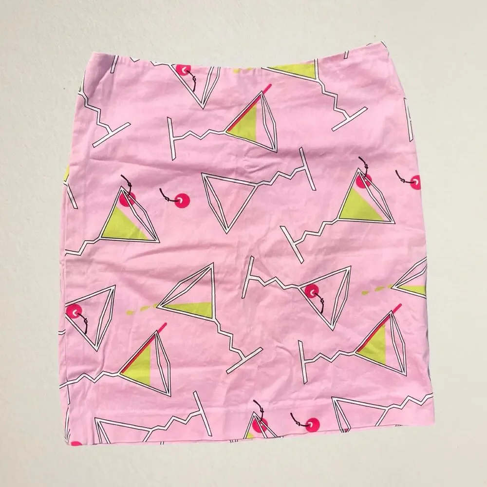 Vintage Y2K pink cocktail cherry print short skirt, eclectic 2000s party